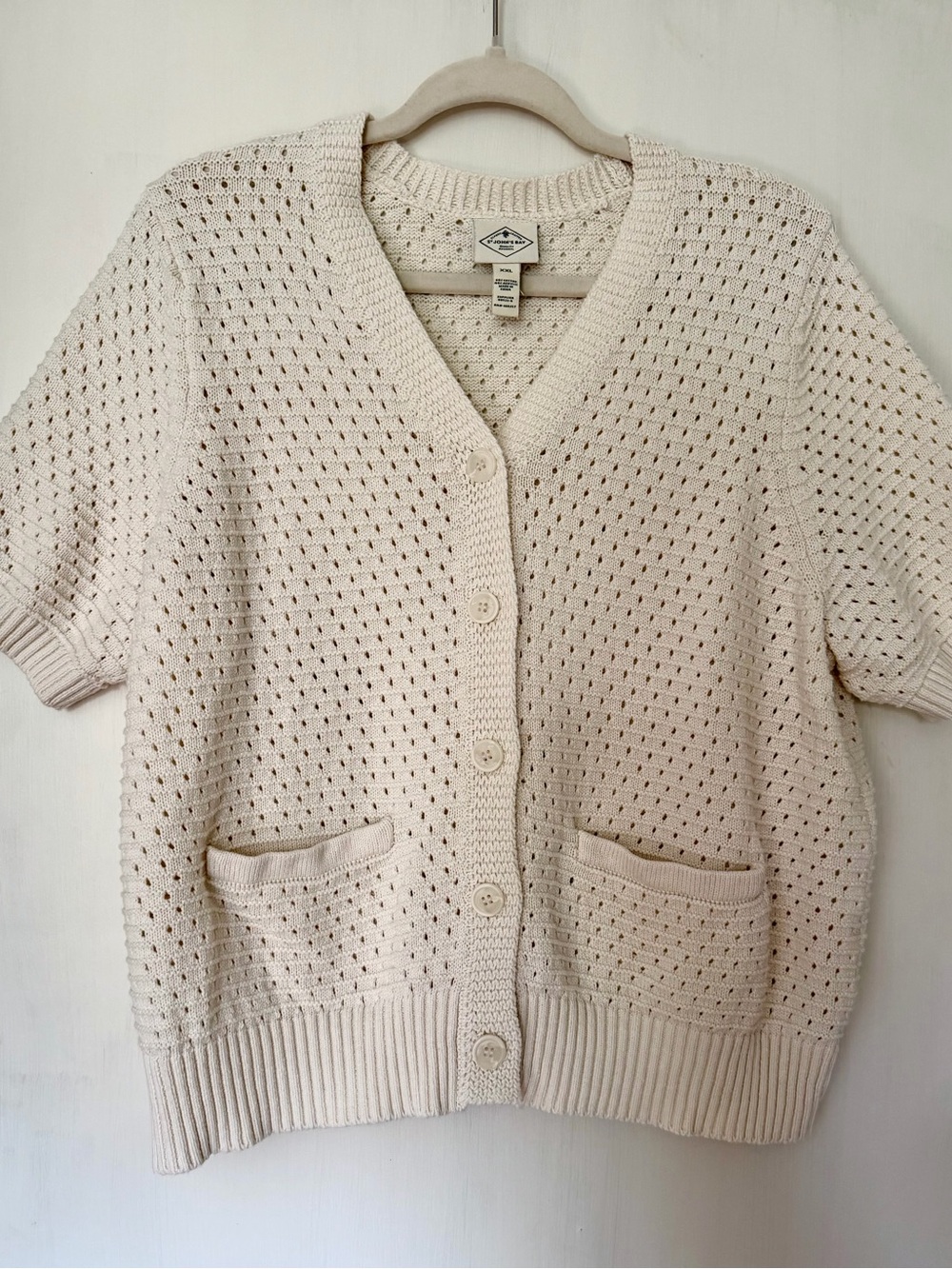St John’s Bay Open-Knit Short Sleeve Cotton-blend Cardigan Sweater - Cream